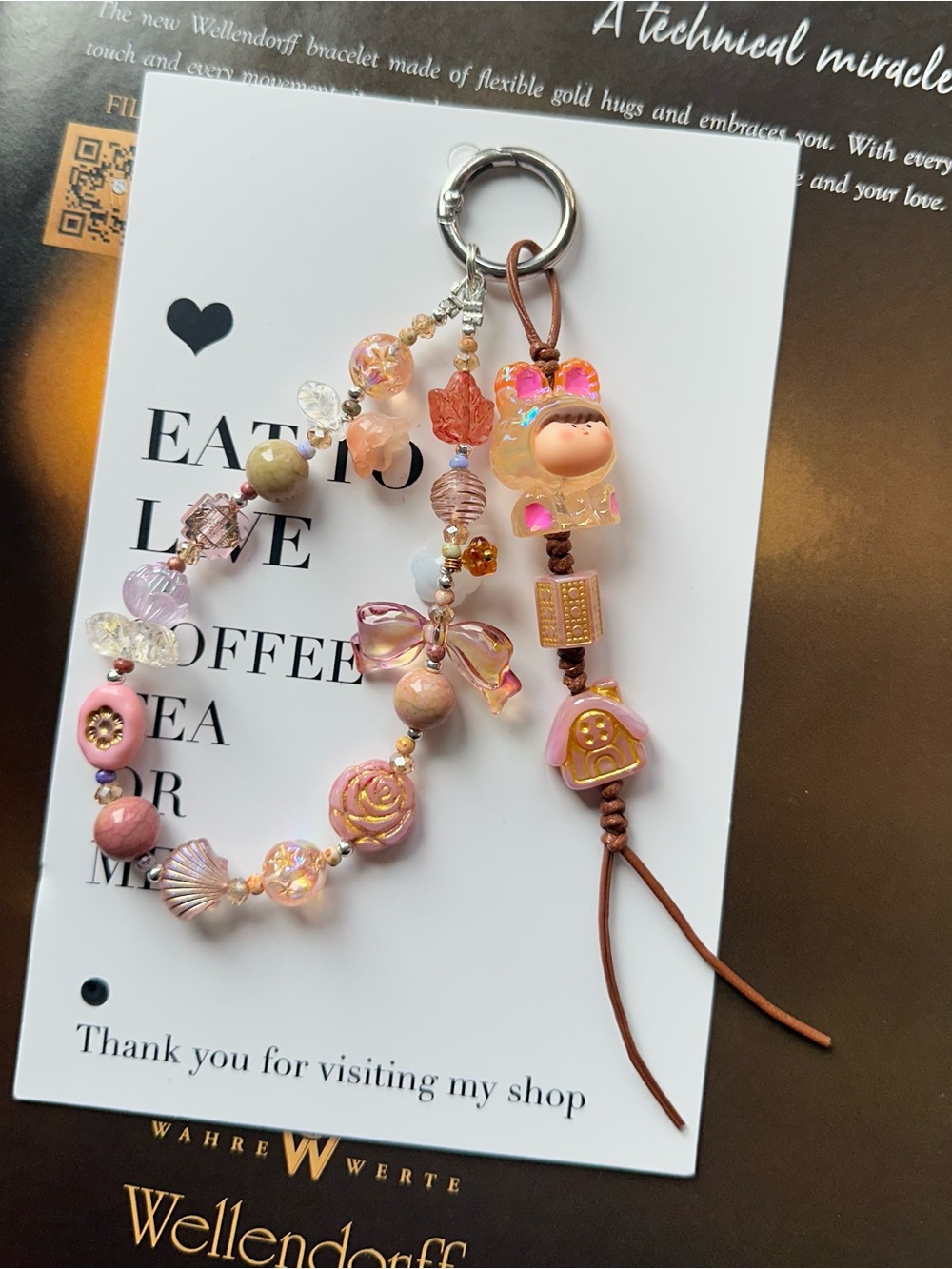 Pink & Peach Beaded with Czech & fossilized coral & glass Bag Charm Keychain